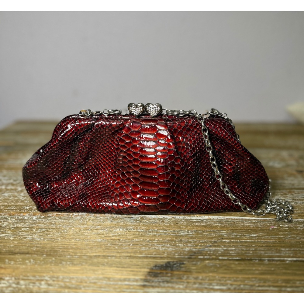 Brighton Burgundy Red Snakeskin Embossed Leather Heart Kiss Lock Clutch Bag